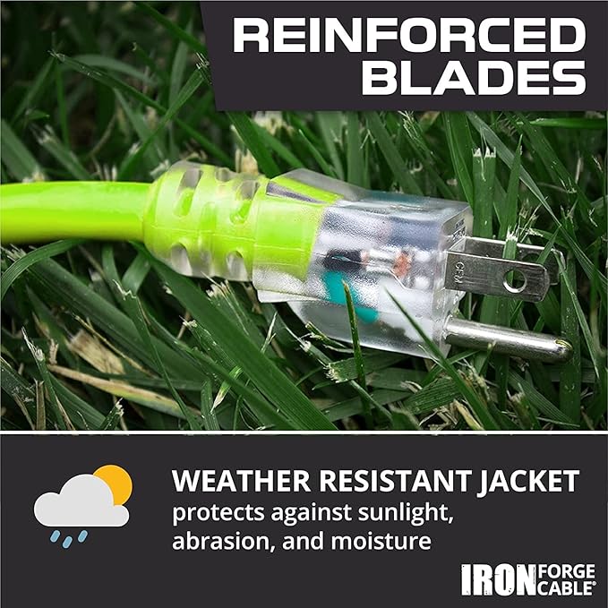 Iron Forge Cable Weatherproof 15 Ft Outdoor Extension Cord - 16/3 SJTW 13 Amp Heavy Duty Neon Green High Visibility Cable with 3 Prong - Lighted End