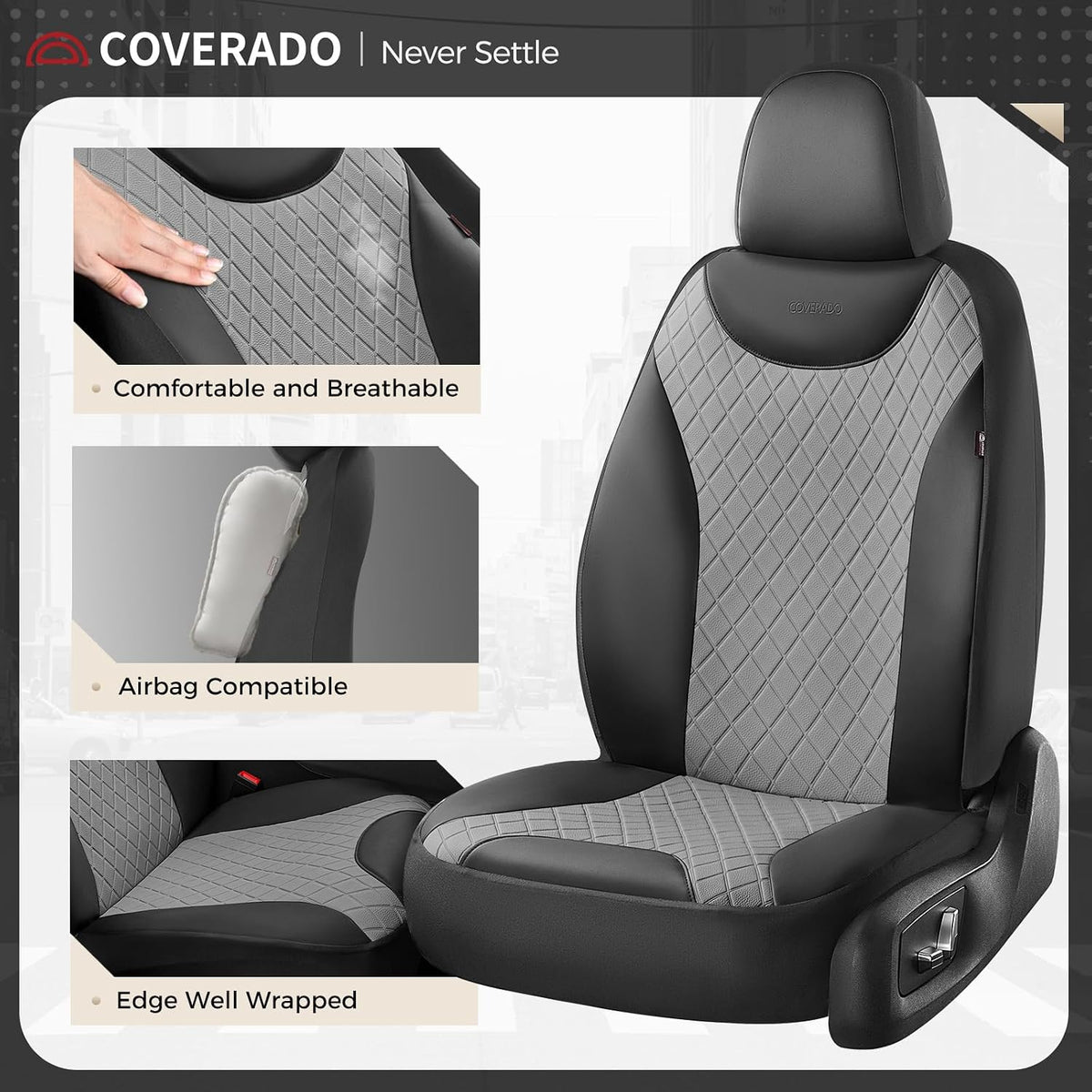 Coverado Car Seat Covers, 5 Seats Front and Rear Seat Covers for Cars, Leather Seat Covers Waterproof Car Seat Protectors, Automotive Seat Cushions Universal for Most Sedan, SUV, Truck, Black & Gray