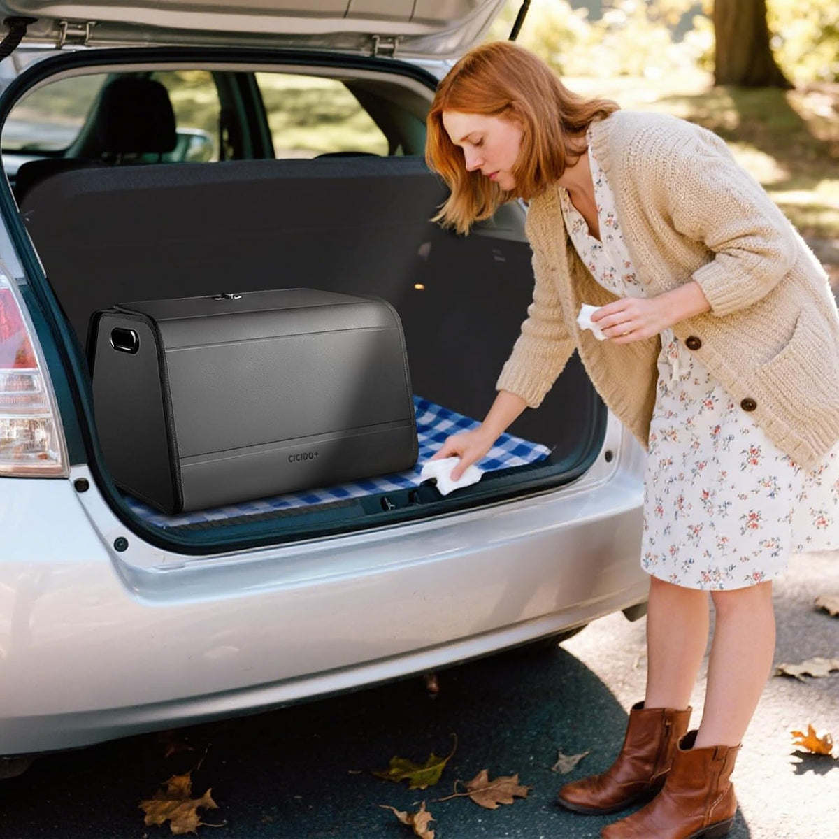 Ergocar Car Trunk Organizer, PU Leather Car Boot Organiser Collapsible, 180° Opening, Multi-Compartment Car Trunk Organizer Box, Car Boot Tidy, Non Slip Bottom, Essential Car Accessories