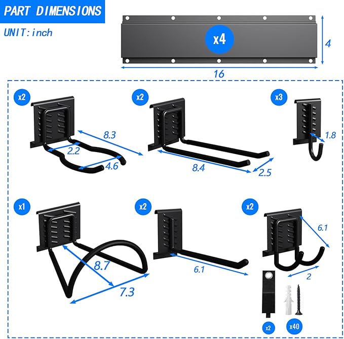 CBWLWJ Garage Tool Organizer Wall Mount, 64 inch Garage Wall Organizer, 680lbs Sturdy Garden Tool Organizer with 12 Adjustable Hooks, for Yard, Shed, Basement, Workshop(Black)