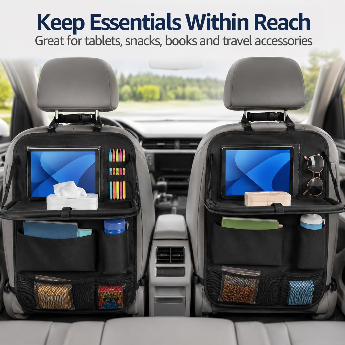 2 PCS Car Backseat Organizer with Tablet Holder, 5 Storage Pockets Auto Seat Back Protector w/Food Tray, Multifunctional Backseat Cover Storage Organizer for Most Vehicles