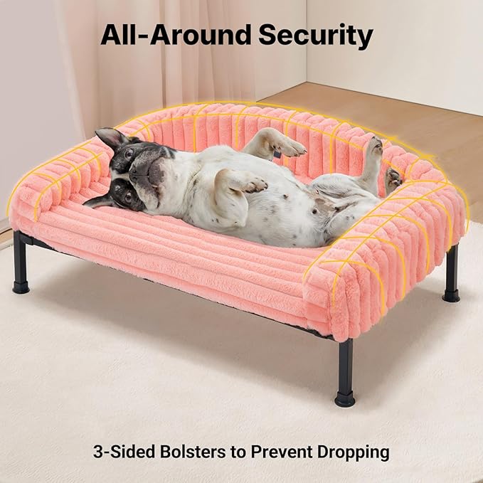 Veehoo Elevated Dog Bed with Bolster Cushion, Fluffy Plush Dog Couch Beds for Small Dogs, Cats, Washable Raised Pet Cot with Non-Slip Feet for Indoor or Patios Use, 30 x 20 Inches, Pink