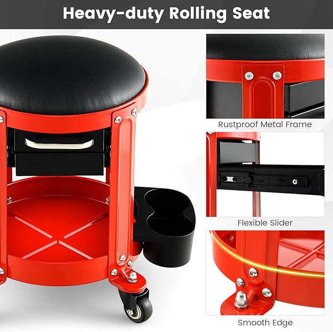 Nightcore Workshop Rolling Seat, Round Creeper Stool with Removable Cushion, Tool Tray, 2 Drawers & Twin Can Holders, Mechanic Roller with 4 Universal Casters for Garage, 300 Lbs Weight Capacity