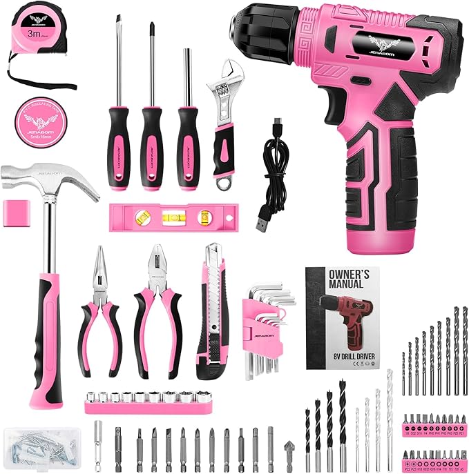 JENABOM Tool Set - 8V Cordless Drill Set, 127 Piece Home Tool Set With Hand Drill, Tool Kit for Women & Men, Perfect for Homeowner, Diyer, Handyman, Pink