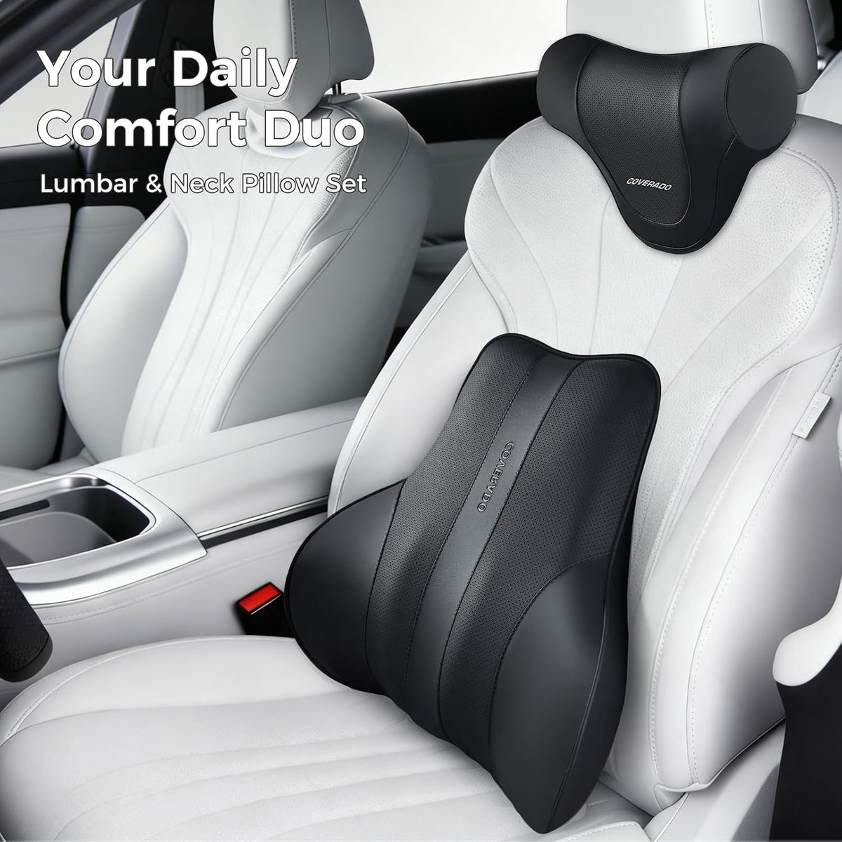 Coverado Lumbar Support Pillow for Car, Ergonomic Memory Foam Back Pillow for Office Chair, New Back Cushion for Pain Relief, PU Leather Car Lumbar Support for Driving Seat - BK