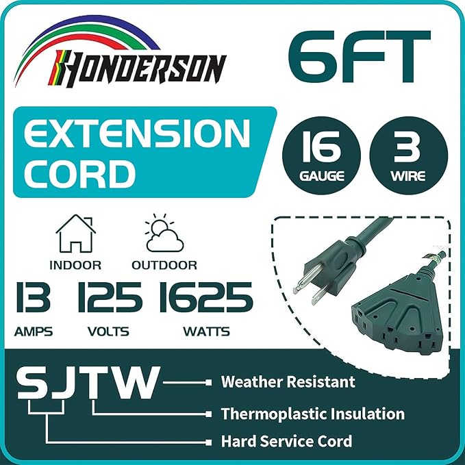 3-Outlets Indoor Outdoor Extension Cord Weatherproof, UL Certified, 16 Gauge 6FT Green 3 Prong Heavy Duty, 16/3 SJTW 13A Power Cord