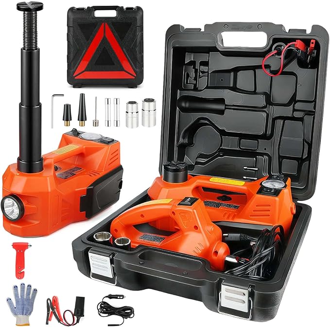Electric Car Jack, 5 Ton Hydraulic Floor Jack with Electric Impact Wrench, Tire Inflator & LED Light, Lift Range 6.1-17.7 Inch, Emergency Roadside Tire Changing Kit for SUV Sedan Truck