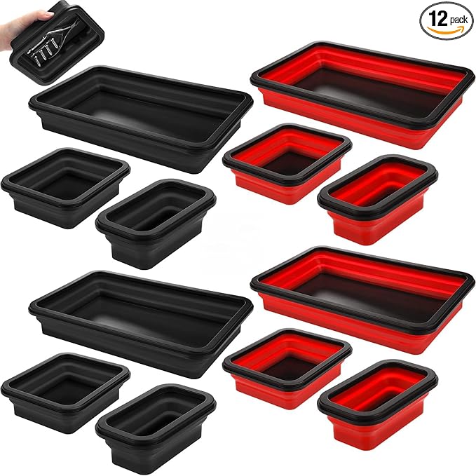 12 Pcs Collapsible Magnetic Parts Tray Set Foldable Tool Storage Organizer Magnetic Tray 3 Different Size Collapsible Bowl for Screw, Bolts, Nuts, Washers, Pins, Tool Gift for Men (Red, Black)