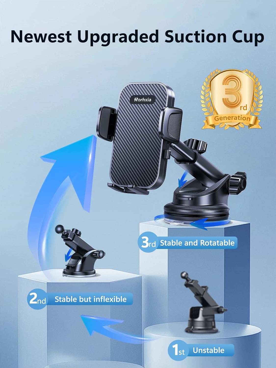 Rorhxia 3-in-1 Phone Mount for Car [2026 Most Stable and Flexible Suction Cup] Vent Dashboard Windshield Cell Phone Holder Car Fit for iPhone, Samsung, All Phone