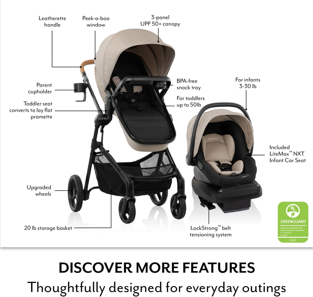 Evenflo Pivot NXT Travel System with LiteMax NXT Infant Car Seat (Latte Tan)