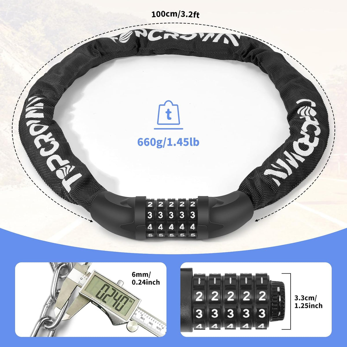 Topcrown Bike Chain Lock - 3.2Ft Long High-Security Anti-Theft Keyless Lock for Bikes & Scooters | Black