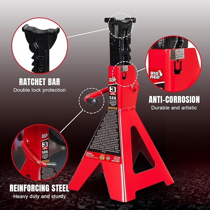 Big RED Torin 3 Ton Steel Jack Stands: for Small SUVs, Cars, Trucks, Trailers - Red, 1 Pair (2 Pack)