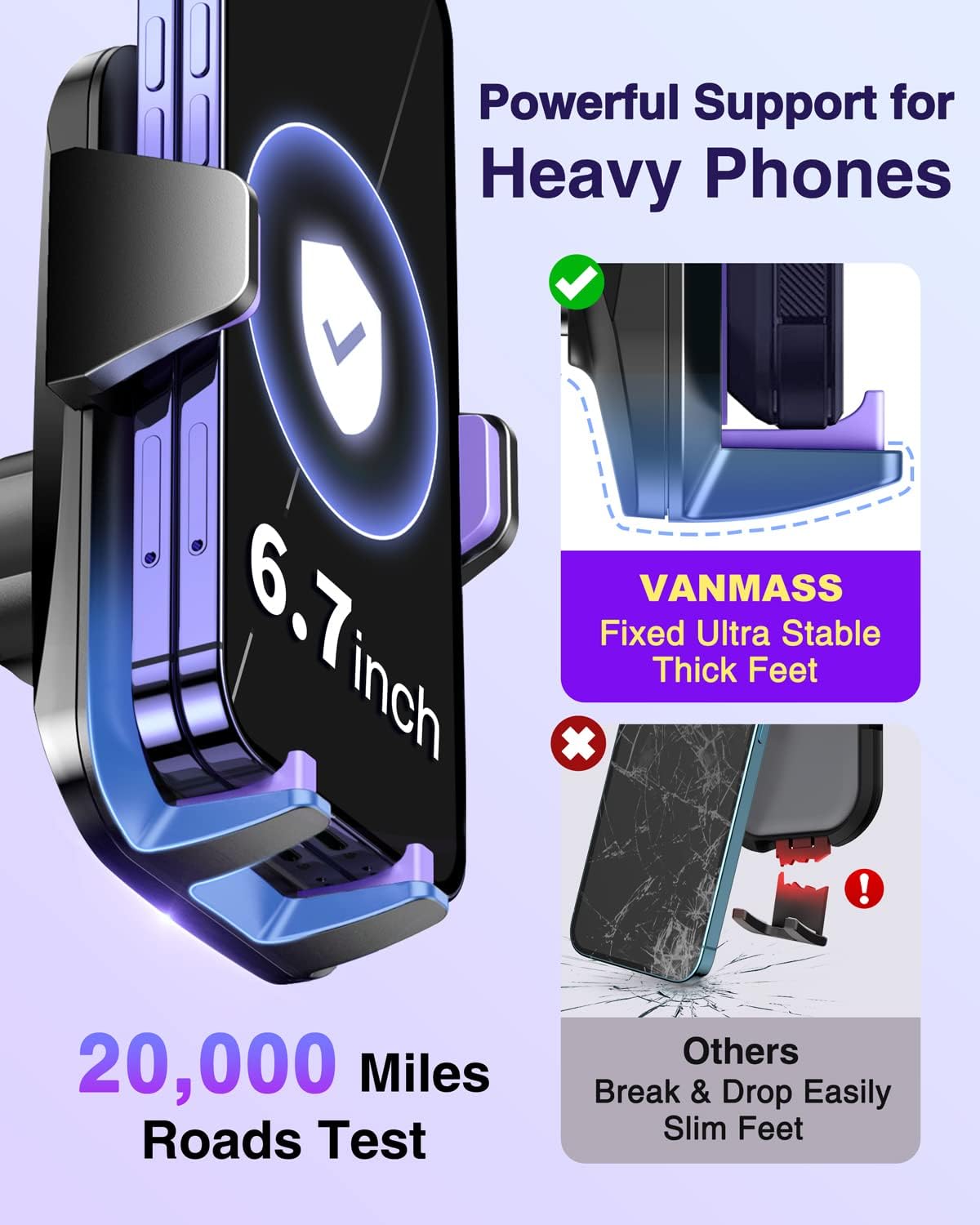 VANMASS【85+LBS Strongest Suction & Military-Grade Ultimate Car Phone Mount【Patent & Safety Certs】 Cell Phone Holder for Dash Windshield Vent for iPhone 17 Pro Max Automobile Interior Sets, Purple