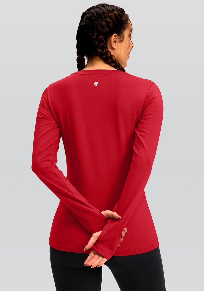 Women's Thermal Fleece Tops Long Sleeve Workout Shirts Running Athletic Base Layer with Thumb Holes Zipper Pocket(Red,S)