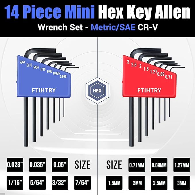 14pcs Mini Hex Key Allen wrench Set, Metric(0.7-3mm) and SAE(0.028-7/64"), Chrome Vanadium Steel