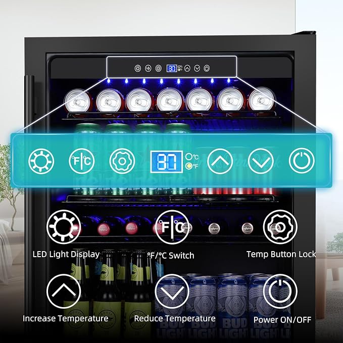 Beverage Refrigerator 24 Inch, 180 Can Drink Fridge with Glass Door, Under Counter or Freestanding Beverage Cooler for Soda, Beer, Wine – Quiet Cooling for Kitchen, Bar, Office, Black
