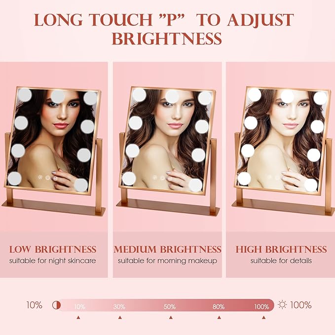 Makeup Mirror with Lights, Hollywood Mirror Lighted Vanity Mirror with 9 LED Bulbs, Touch Control Design 3 Colors Dimmable Bulbs Detachable 10X Magnification 360°Rotation(Rose Pink)