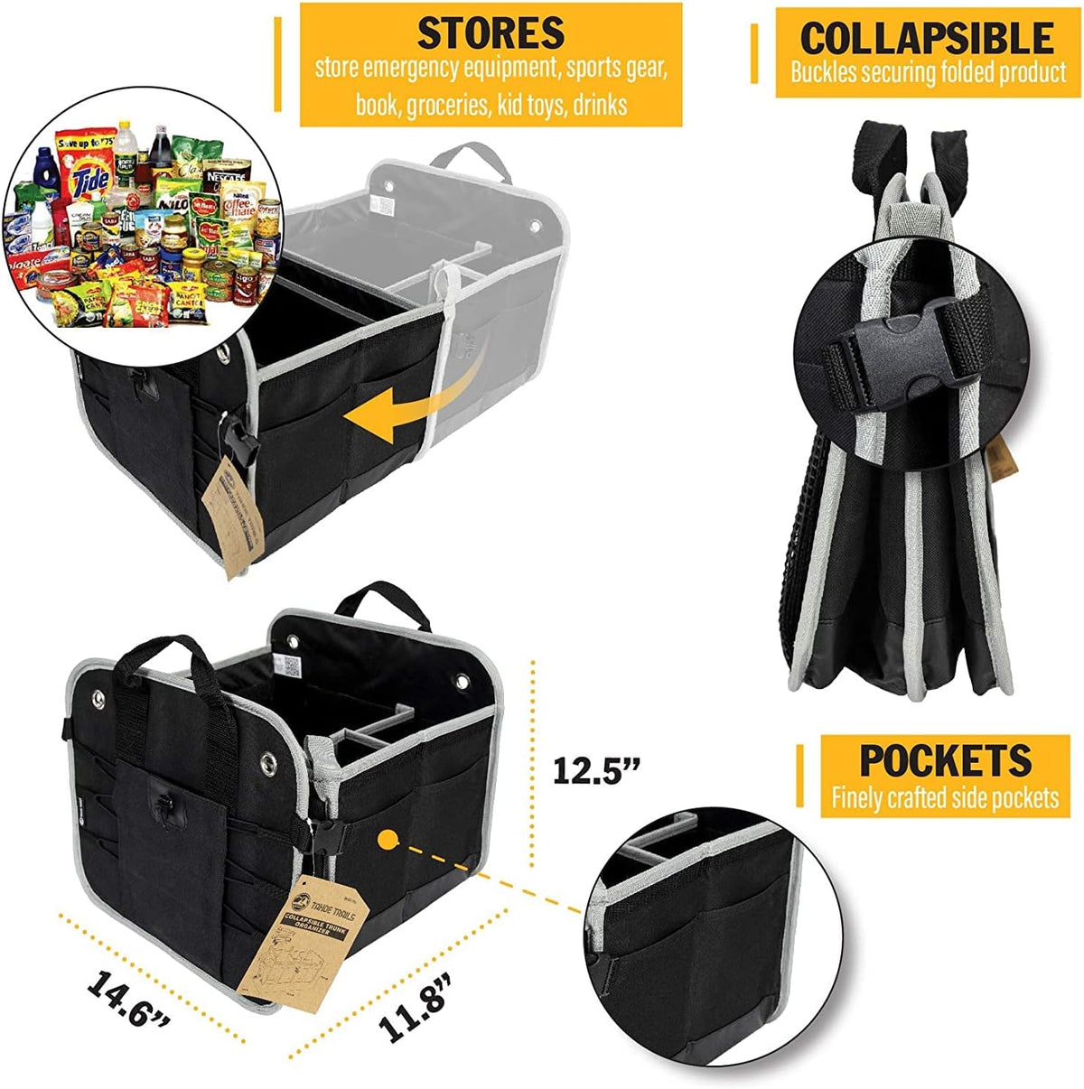 Tahoe Trails 23" Foldable Trunk Organizer for Car Storage, Reinforced Base Plates, Non Slip Bottom, Securing Straps, 11 External Pockets, 2 Pack, Black