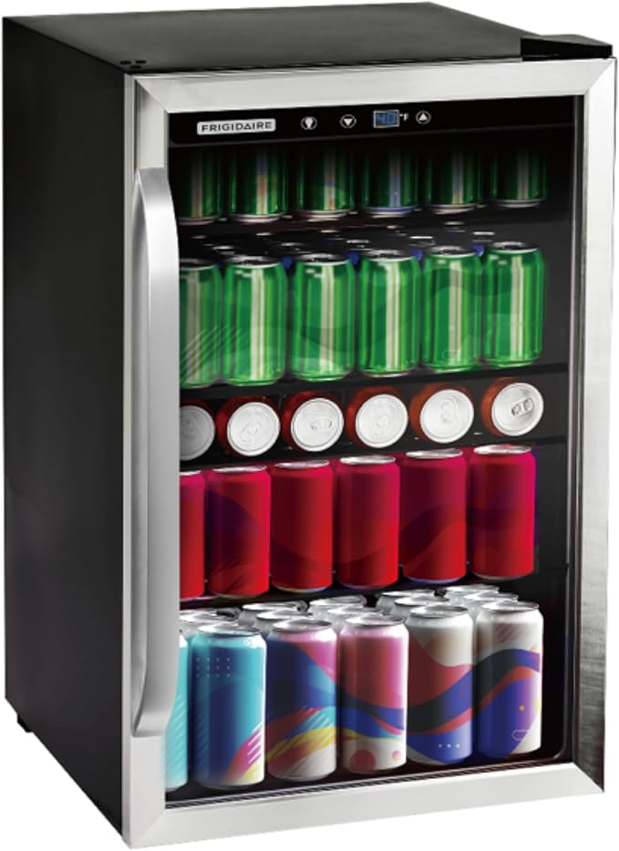 Frigidaire Beverage Refrigerator, Fridge with Glass Door, Compact Mini Fridge with Digital Temperature Control, Fits 115 Cans or 34 Bottles, 96L Capacity - 19.1" D x 17.5" W x 31.2" H