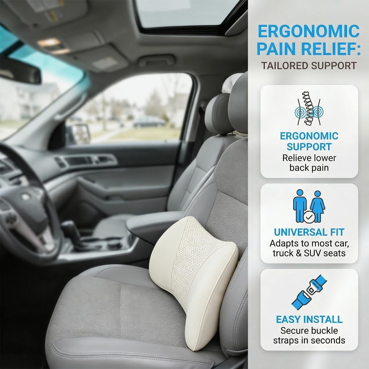 Car Lumbar Support Pillow, Memory Foam Vehicle Driver Seat Pillow Pad for Lower Back Pain Relief, Automotive Interior Lumbar Back Support Cushion, Universal for SUV RV Truck (Beige)