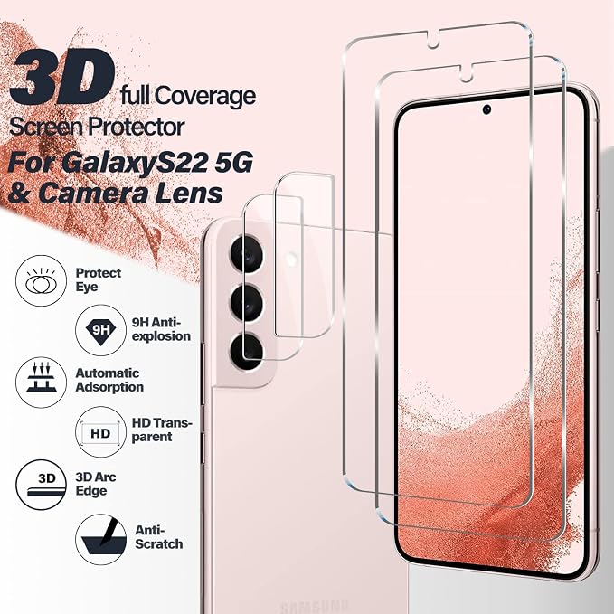 Galaxy S22 Tempered Glass Screen Protector + Camera Lens Protector Clear HD