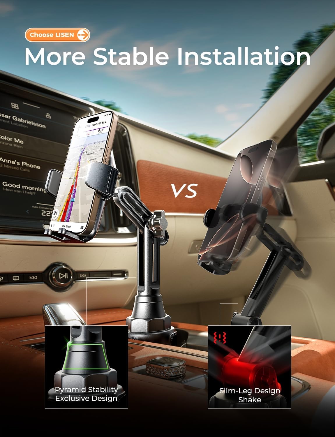 LISEN [Upgraded Version Cup Holder Phone Holder for Car, Universal 360° Adjustable Long Neck Car Phone Mount Golf Cart Truck Jeep, Compatible with iPhone Samsung Google & All 4.0-7.0 '' Phones