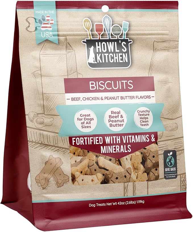 Howl's Kitchen Biscuits, 12 oz Bag, 1 Count, Beef, Chicken and Peanut Butter Mix, Rawhide Free, All Natural Chewy Dog Treats, for All Breed Sizes