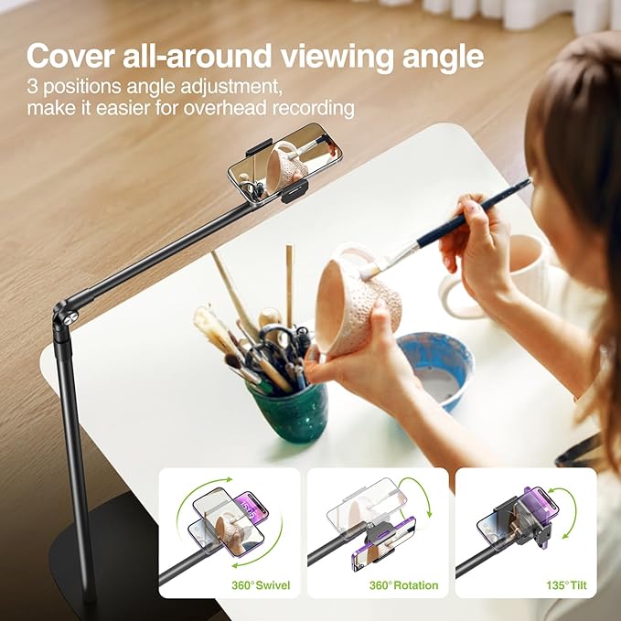 elitehood Floor Phone Stand Overhead Video Recording, 360 Degrees Swivel Tilt