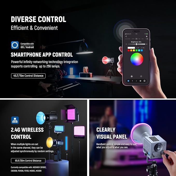 NEEWER 60W Portable RGB LED Video Light Handheld Fill Light, APP/2.4G/Panel