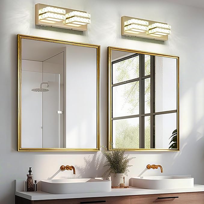 OKELI Crystal Vanity Lights LED Bathroom Vanity Light Fixture Over Mirror Modern Indoor Gold Lamp, 6000K Cold White Dimmable, 2-Lights, 18W, ETL Listed