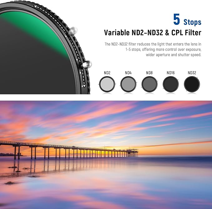 NEEWER 2 in 1 62mm Variable ND Filter ND2–ND32&CPL Filter No X Cross/30 Layer