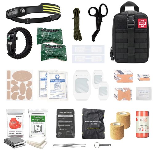 IFAK Trauma First Aid Kit, Hemostatic Gauze to Control Severe Bleeding, 6” Israel Compression Bandages, Emergency Wound Closures Adhesive Bandages, Deep Green (Black)