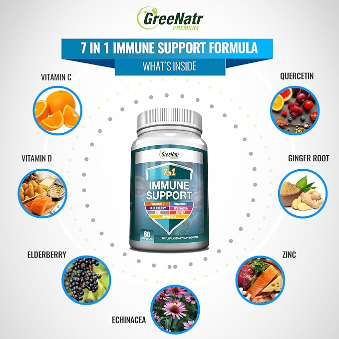 7 in 1 Immune Support Supplement with Vitamin C, D3, Zinc 50mg, Quercetin, Echinacea Purpurea, Sambucus Elderberry and Ginger for Complete Immune Defense - 60 Capsules (1 Bottle)