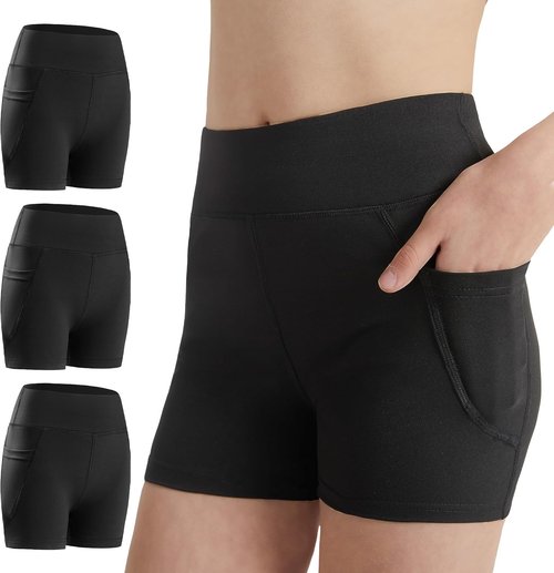 DIPUG Girls Volleyball Shorts - High Waist Biker Shorts with Pockets for Dance, Yoga & Gymnastics | 3 Pack