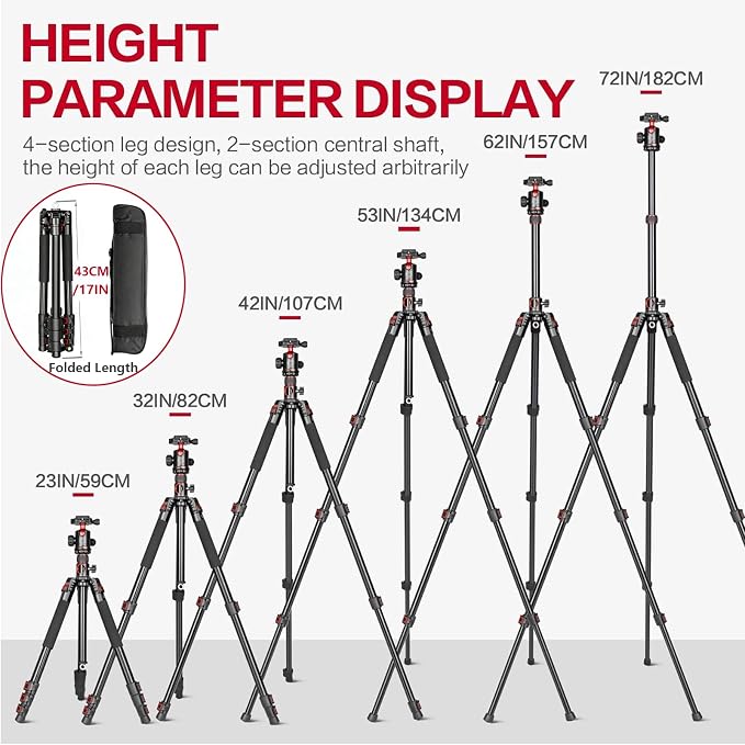 FreeSea 72 inch Camera Tripod, Transverse Center Column Aluminium DSLR Tripod