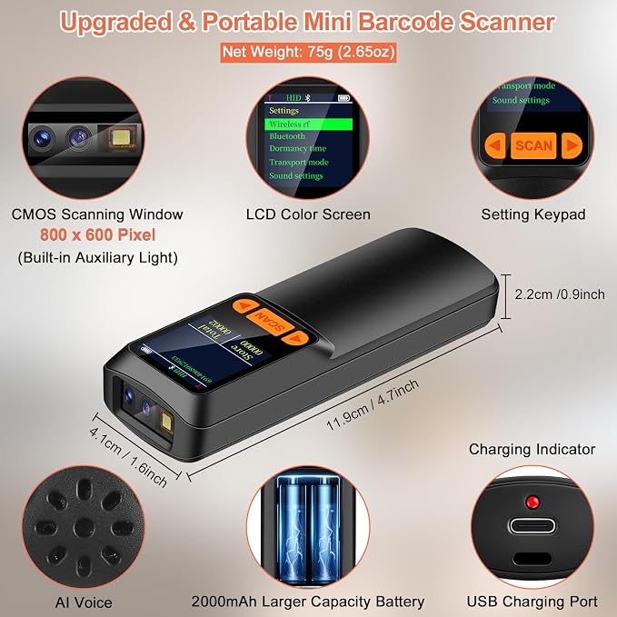 KUIIYER Mini Bluetooth Barcode Scanner, Wireless 2D QR 1D Bar Code Scanners