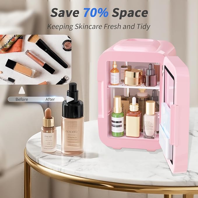 OSTBA Skincare Fridge Mini Fridge for Bedroom with Dimmable LED Mirror, 4Liter/6 Cans Cooler and Warmer for Makeup, Cosmetic, Beauty, Portable Refrigerator for Bedroom, Vanity, Office and Car