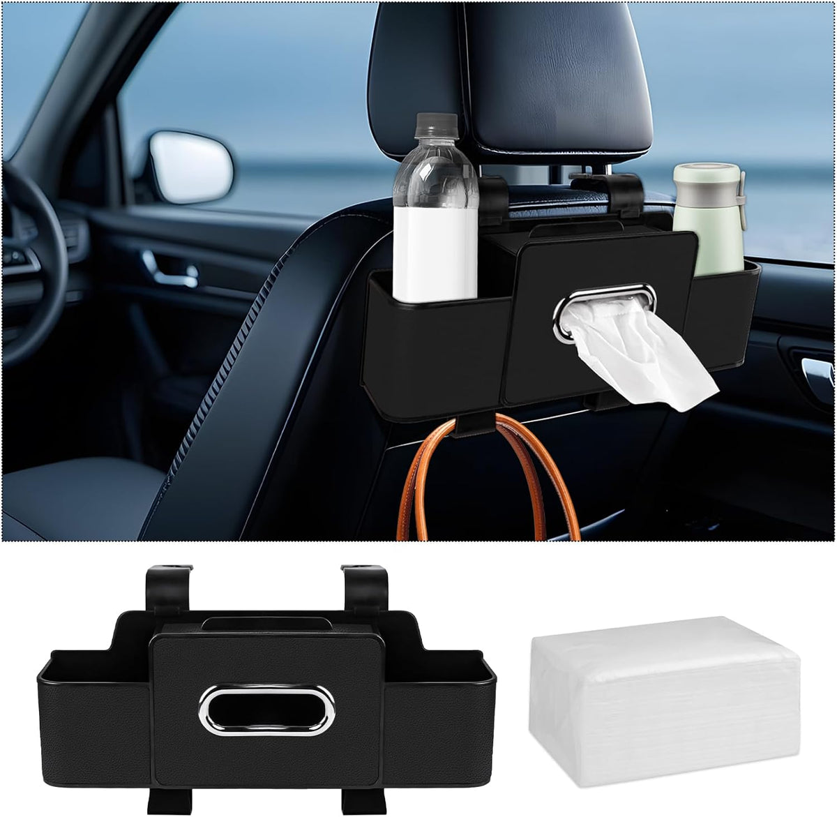 Car Back Seat Organizer with Tissue, Car Seat Back Tissue Box and Storage Hook, Multifunctional Car Organizer for Hold Phone,Drinks,Handbag,Compatible with Most Vehicles (Black)
