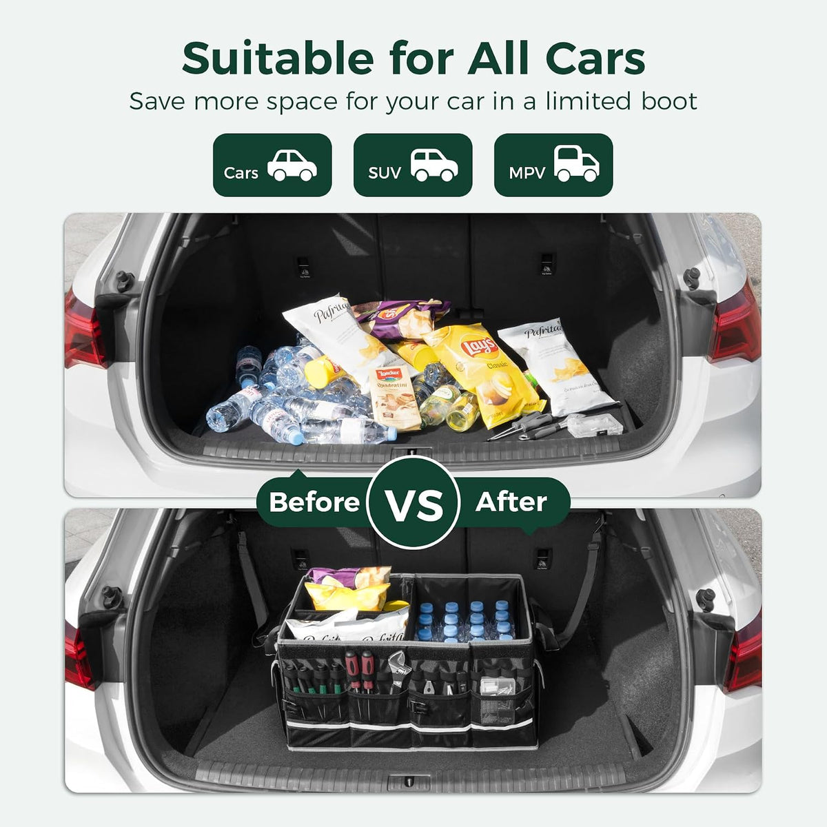 WELKIN 15GAL/60L Car Trunk Organizer with Lid &amp; Dividers - Heavy Duty Collapsible Storage Organizer for SUV Sedan Truck - Waterproof Foldable Cargo Organizer for Groceries, Camping, Travel Accessories