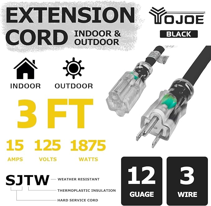 YOJOE Indoor Outdoor Extension Cord with Lighted End, 3 Prong 15A Weatherproof Power Cord, 12 Gauge Heavy Duty 3 ft Black Extension Cord for Garage, Garden and Home, 12/3 SJTW UL Listed