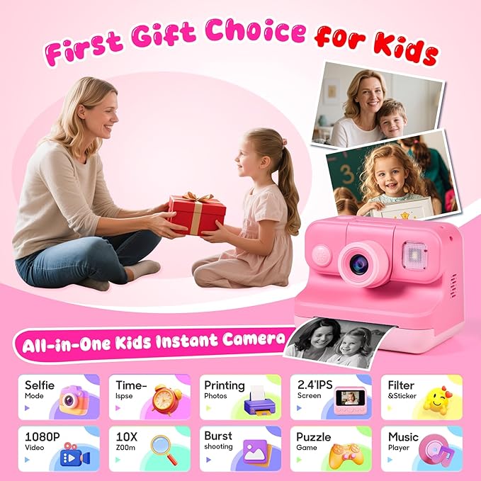 Kids Instant Print Camera with Carrying Bag, 1080P HD Girl Camera with 4 Print