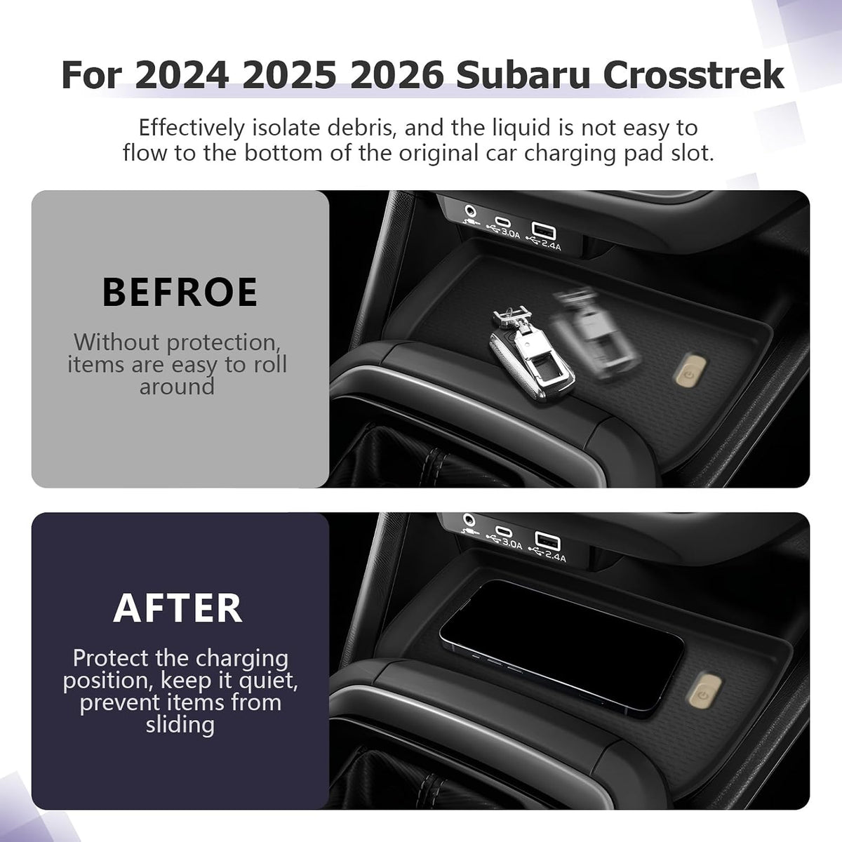 LUWU 2026 Crosstrek Wireless Charging Anti-Slip Mat Compatible with 2024 2025 2026 Crosstrek Accessories Silicone Protective Pad Liner Protective Pad Center Console Phone Charger Liner Mat Black