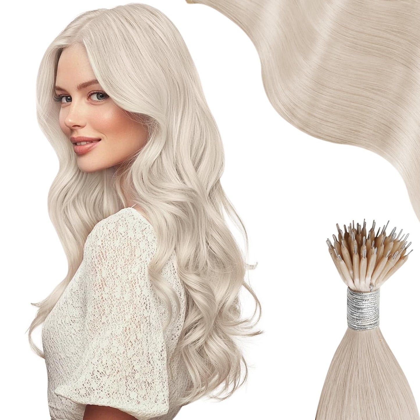 Moresoo Nano Hair Extensions Human Hair Blonde Hair Extensions Human Hair Nano Bead White Blonde Nano Ring Remy Hair Extensions