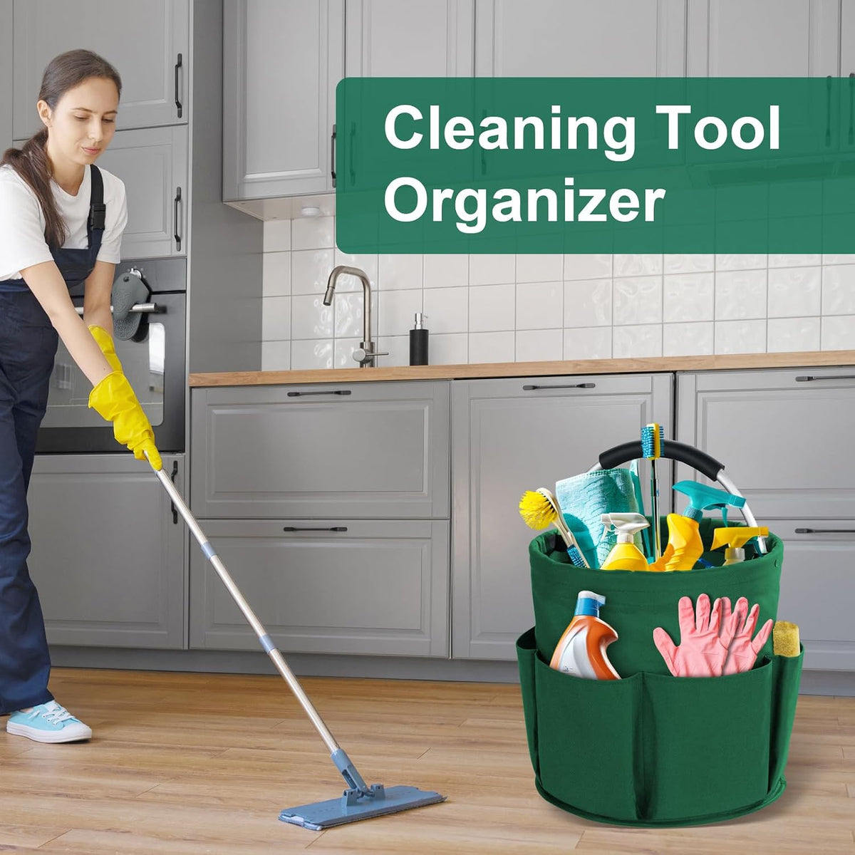 Cleaning Caddy with Handle, Cleaning Products Organiser, 17L Foldable Storage Basket, Cleaning Caddy Organiser, Portable Multi Cleaning Bucket Bag for Home, Garden (Green)