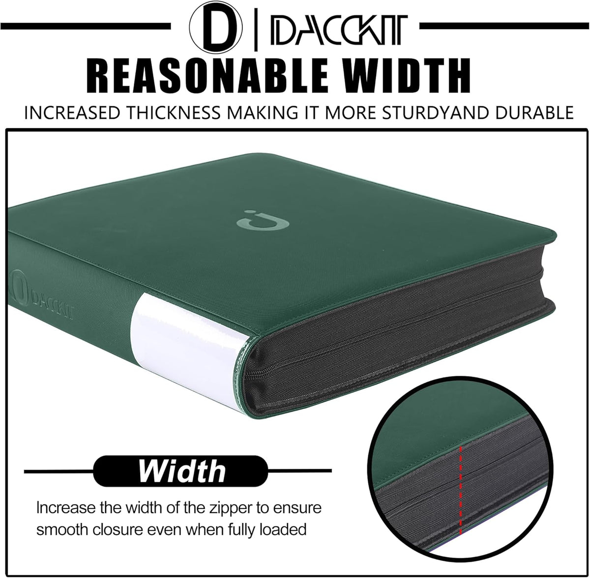 Premium Card Binder - 12 Pocket Design Fits 1200 Cards | 3X4 Ringless with Sleeves, Blackish Green