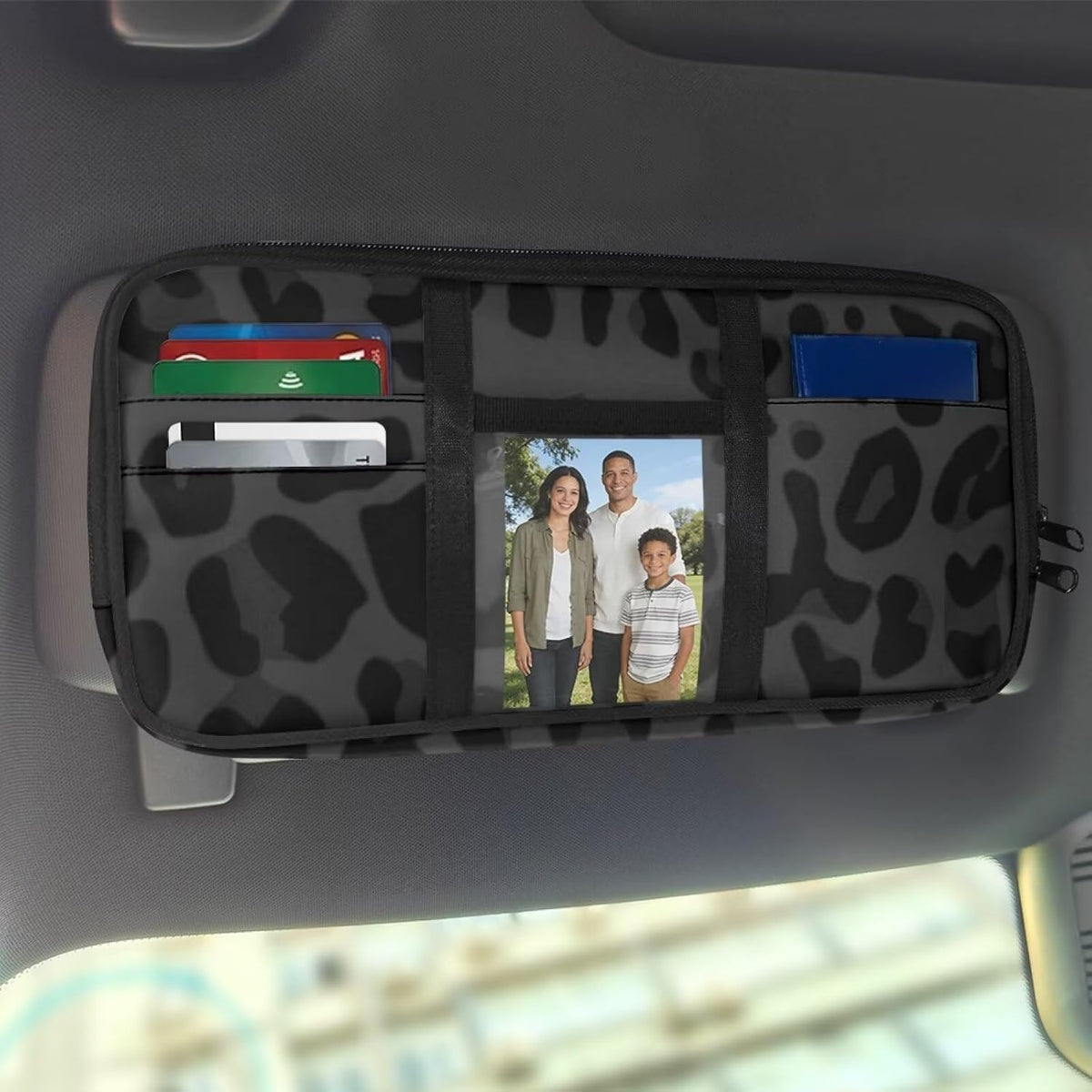 Flashideas Black Leopard Print Car Sun Visor Organizer with Large Zipper Pocket Car Sun Visor Storage Bag Cars Interior Accessories Fashion Install Fits Universal Size for Cars Trucks SUVs