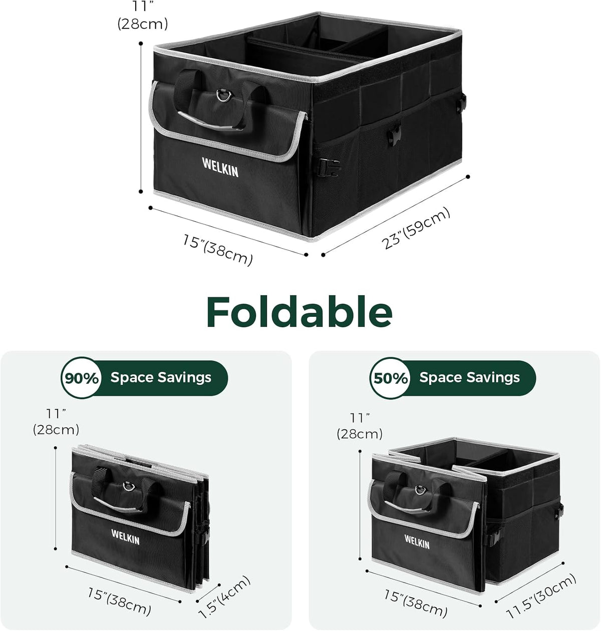 WELKIN 15GAL/60L Car Trunk Organizer with Lid &amp; Dividers - Heavy Duty Collapsible Storage Organizer for SUV Sedan Truck - Waterproof Foldable Cargo Organizer for Groceries, Camping, Travel Accessories