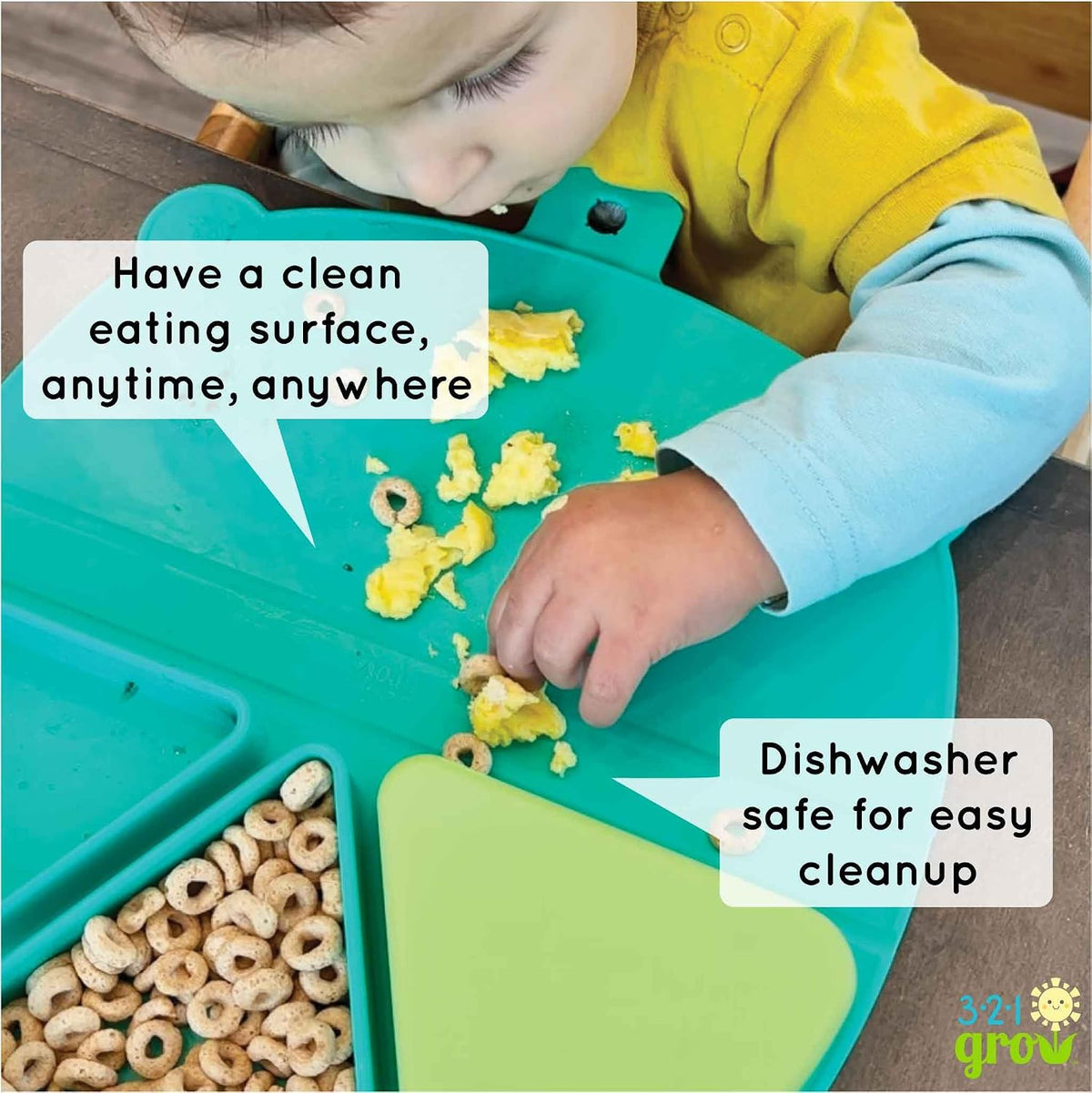 Silicone On-The-Go Snack Mat – Foldable Reusable Placemat with 3 Compartments and Lids – Travel-Friendly Baby and Toddler Snack Plate – Dishwasher Safe (Aqua)