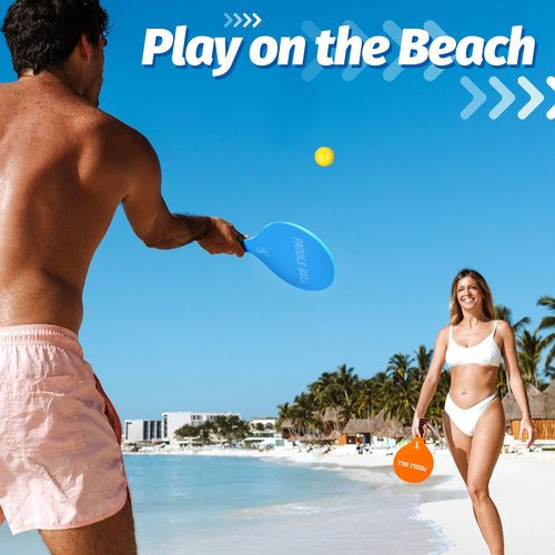 Beeplove 2 Beach Games Toy Paddle Ball Sets - Funny Paddleball Rackets Game, Outdoor Sports Toys for Kids Adults Family Games Yard Lawn Party Supplies, Blue Orange, Medium