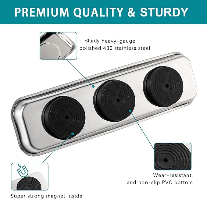 3 Pieces Magnetic Trays Set Stainless Steel Magnet Tool Tray Parts Holder for Screws, Sockets, Bolts, Pins, Mechanic's and Automotive